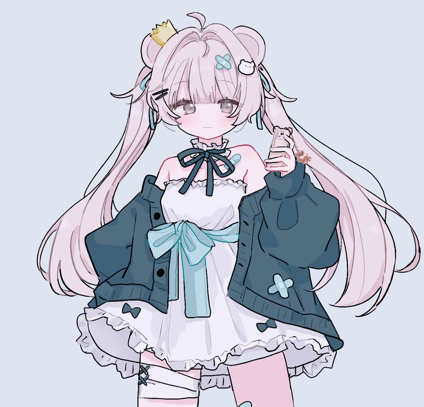 ksrgiing, original, vrchat, highres, 1girl, :3, ahoge, animal ears, bandaid, bare shoulders, bear ears, bear girl, bear hair ornament, black ribbon, blush, bow, cellphone, closed mouth, collar, cowboy shot, crown, dress, frilled collar, frilled dress, frills, grey background, grey eyes, hair intakes, hair ornament, hair ribbon, hairclip, holding, holding phone, jacket, long hair, long sleeves, looking at viewer, milfy (vrchat), mini crown, neck ribbon, off shoulder, open clothes, open jacket, phone, pink hair, ribbon, simple background, smartphone, solo, strapless, strapless dress, twintails, white dress, x hair ornament
