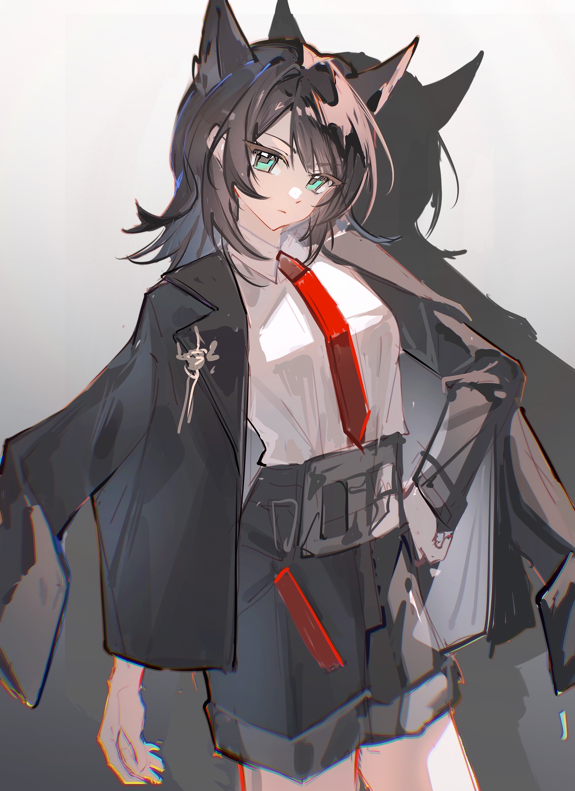 yahata umiri, arknights, bang dream!, bang dream! it's mygo!!!!!, absurdres, chinese commentary, commentary request, highres, 1girl, animal ears, black hair, black jacket, black shorts, closed mouth, collared shirt, cowboy shot, drop shadow, green eyes, grey background, hand on own hip, jacket, jacket on shoulders, kemonomimi mode, looking at viewer, lu yan yan, medium hair, necktie, red necktie, shirt, shorts, solo, standing, white shirt, wolf ears, wolf girl, yahata umiri (moonlight executioner)
