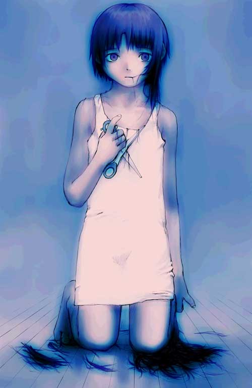 abe yoshitoshi, iwakura lain, serial experiments lain, official art, 1990s (style), 1girl, bare shoulders, blue hair, blue theme, chemise, cutting hair, dress, female focus, hair in own mouth, kneeling, retro artstyle, scissors, short hair, solo
