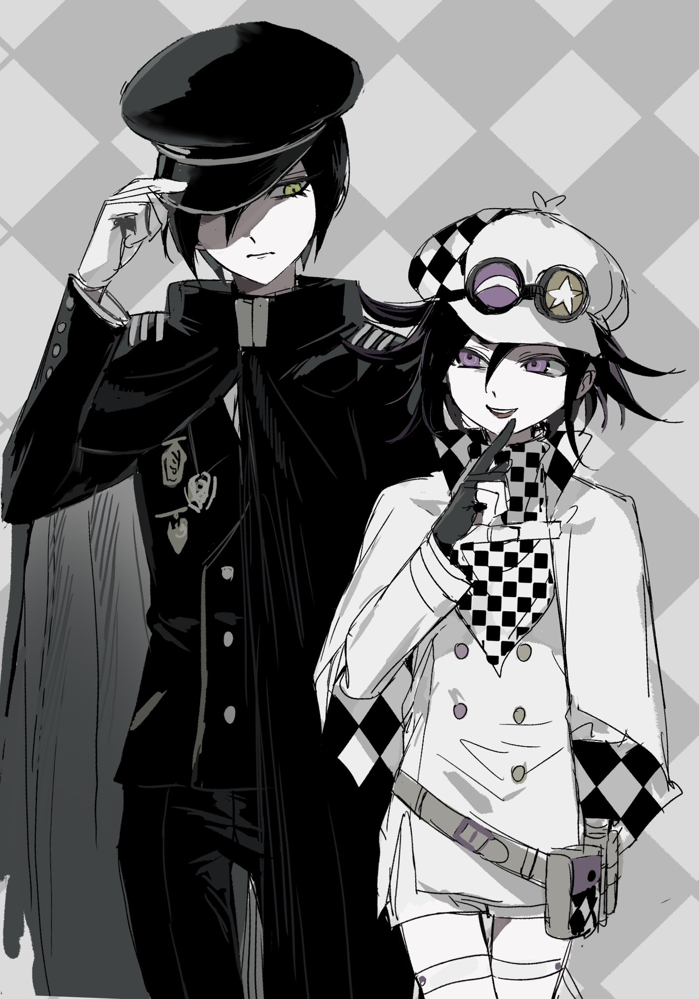 oma kokichi, saihara shuichi, danganronpa (series), danganronpa v3: killing harmony, commentary, highres, 2boys, adjusting clothes, adjusting headwear, ahoge, alternate costume, alternate universe, black cape, black gloves, black hair, black hat, black jacket, buttons, cape, capelet, checkered clothes, checkered scarf, double-breasted, finger to mouth, flipped hair, gloves, grid background, hair between eyes, hat, height difference, jacket, long sleeves, male focus, monochrome, multiple boys, muted color, narrowed eyes, pale skin, pants, purple eyes, scarf, short hair, shorts, smile, spot color, standing, teeth, thigh strap, upper body, usagi mi nagi, white capelet, white gloves, white shorts, yellow eyes