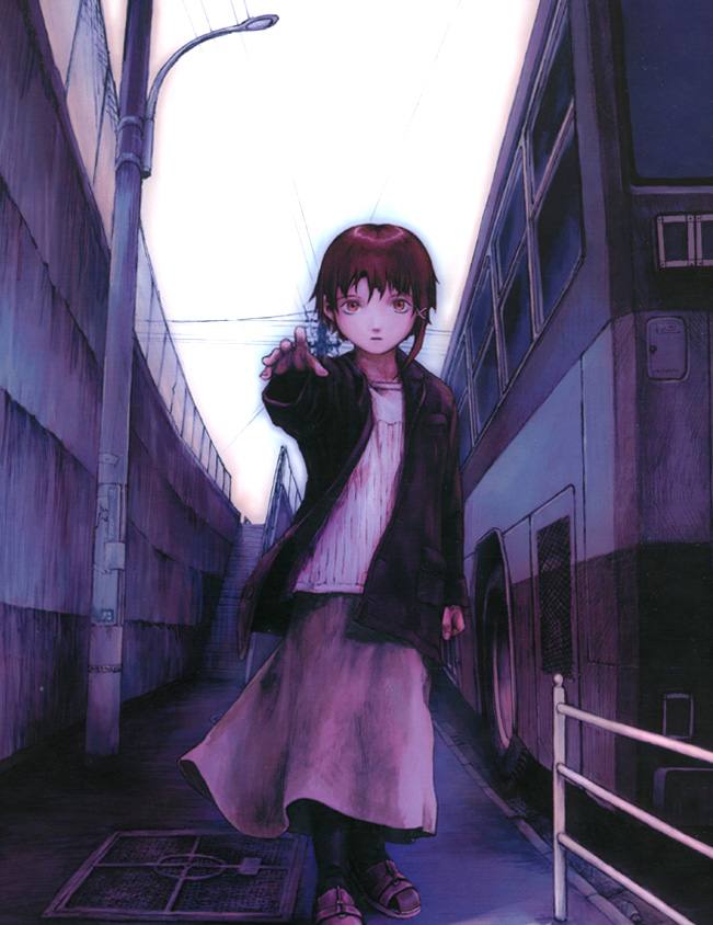 abe yoshitoshi, iwakura lain, serial experiments lain, vehicle, official art, 1990s (style), 1girl, asymmetrical hair, brown hair, bus, coat, female focus, hair ornament, hairclip, motor vehicle, outstretched arm, outstretched hand, reaching, retro artstyle, short hair, solo