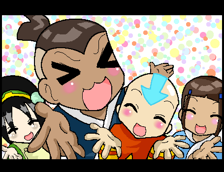 aang, katara, sokka, toph beifong, avatar: the last airbender, avatar legends, lucky star, motteke! serafuku, nickelodeon, lowres, > <, 2boys, 2girls, blind, closed eyes, multiple boys, multiple girls, oekaki, parody, tattoo