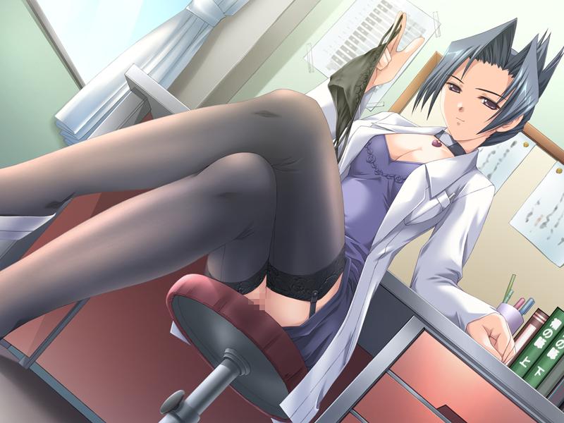 zatou, kaoru (ashikoki wakaokusama), ashikoki wakaokusama, game cg, jpeg artifacts, 1girl, black hair, black panties, breasts, censored, choker, cleavage, crossed legs, desk, dress, dutch angle, female focus, from below, garter belt, garter straps, lab coat, legs, lingerie, medium breasts, mosaic censoring, no panties, panties, purple eyes, pussy, short hair, sitting, smile, solo, thighhighs, underwear, upskirt