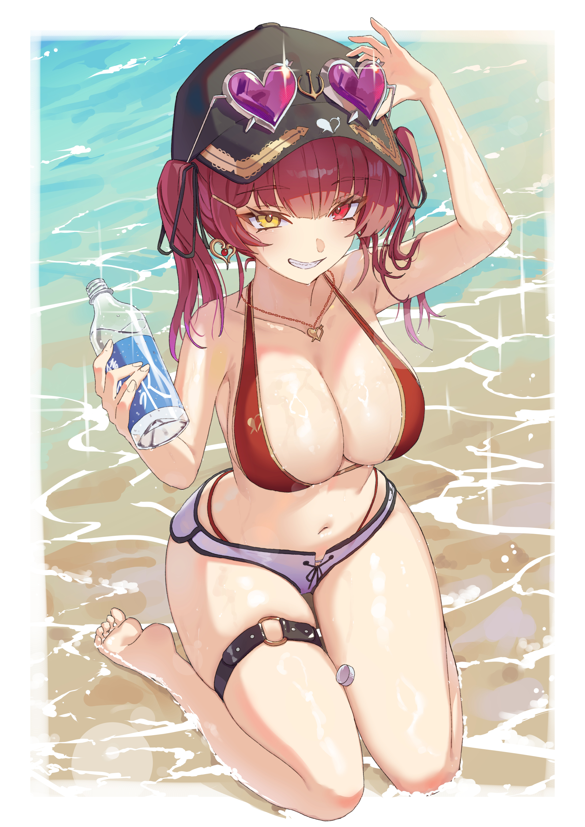 mont blanca, houshou marine, houshou marine (summer), hololive, absurdres, highres, 1girl, beach, bikini, black hat, bottle, breasts, cleavage, dolphin shorts, earrings, eyewear on headwear, grin, hat, heart, heart earrings, heart necklace, heterochromia, jewelry, kneeling, large breasts, navel, necklace, red bikini, red eyes, red hair, shorts, smile, stomach, swimsuit, thigh strap, thighs, twintails, virtual youtuber, water bottle