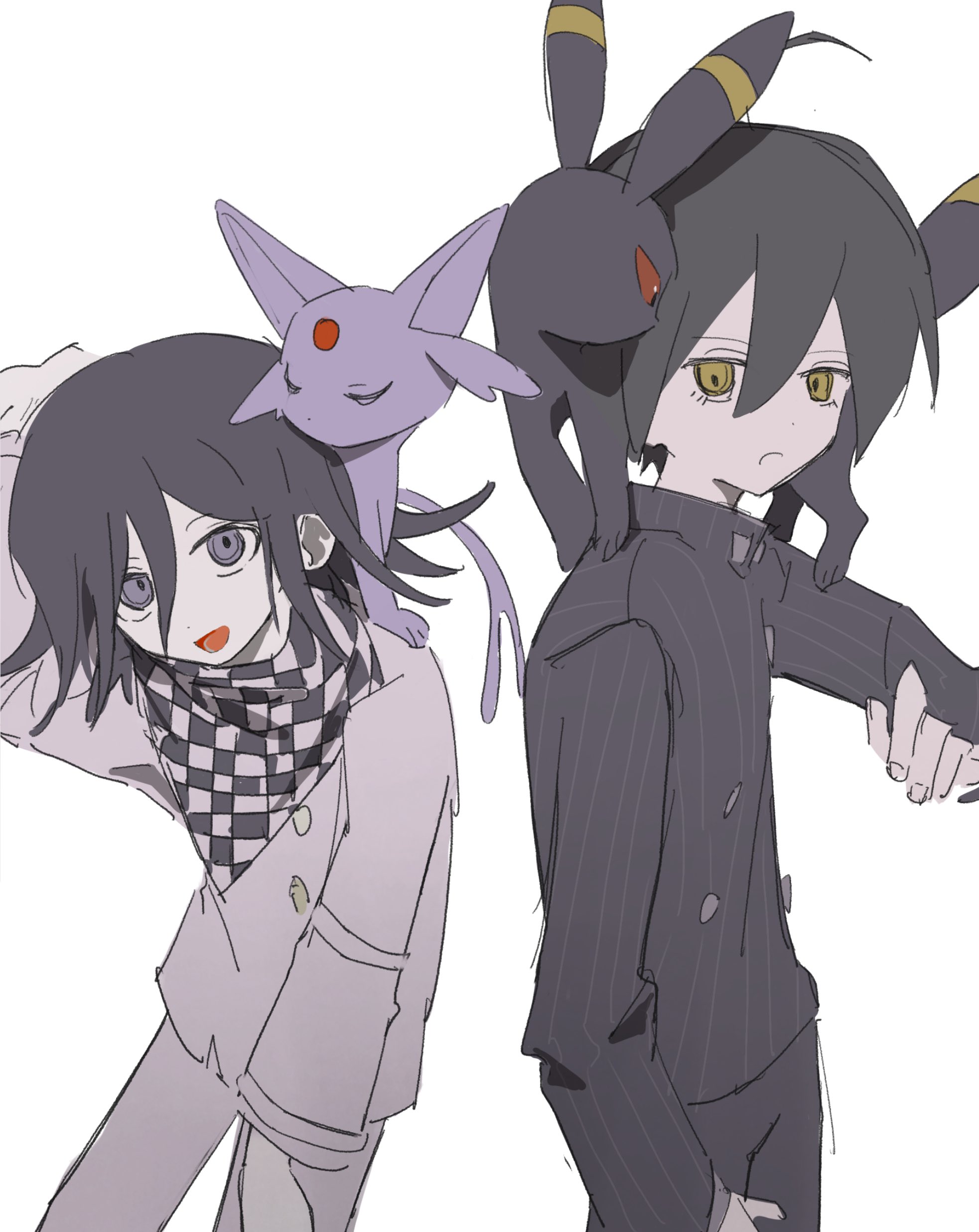 momoeee, espeon, oma kokichi, saihara shuichi, umbreon, danganronpa (series), danganronpa v3: killing harmony, nintendo, pokemon, absurdres, highres, 2boys, ahoge, arm belt, black hair, black jacket, buttons, checkered clothes, checkered scarf, flipped hair, gen 2 pokemon, hair between eyes, jacket, long sleeves, looking at viewer, male focus, multiple boys, muted color, on shoulder, open mouth, pants, pokemon (creature), pokemon on shoulder, purple eyes, scarf, short hair, simple background, sketch, two-tone scarf, white background, yellow eyes