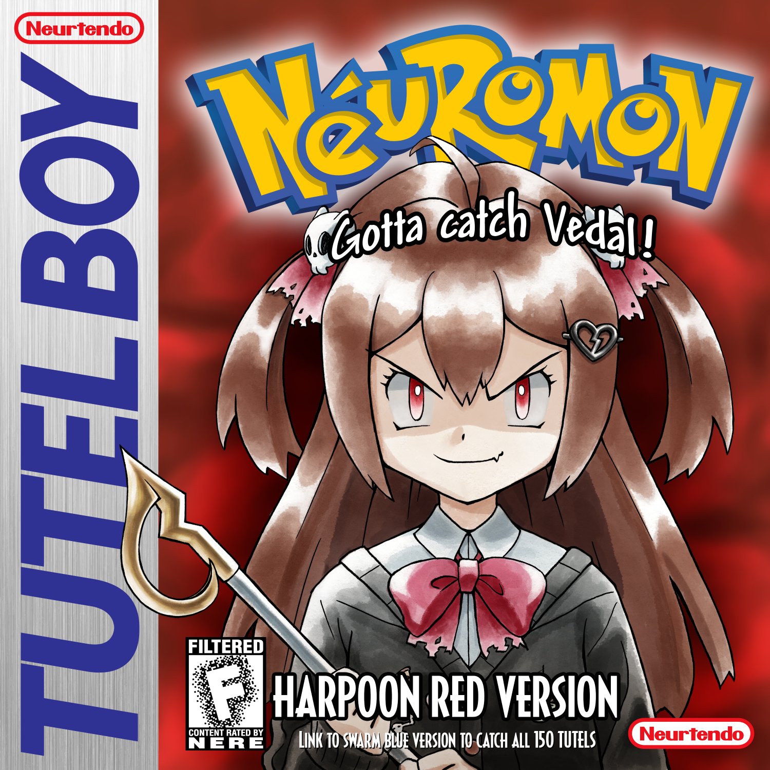 reld, evil neuro-sama, neuro-sama, nintendo, pokemon, pokemon rgby, commentary, english commentary, highres, 1girl, ahoge, black cardigan, bow, bowtie, broken heart, broken heart hair ornament, brown hair, cardigan, closed mouth, dressing, fang, hair between eyes, harpoon, heart, holding, long hair, long sleeves, looking at viewer, off-shoulder cardigan, parody, pokemon rgby (style), red bow, red bowtie, red eyes, shirt, skin fang, smile, solo, straight-on, two side up, upper body, v-neck, vedal ai, virtual youtuber, white shirt