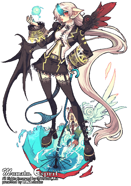 boots, long hair, midriff, pointy ears, red eyes, solo, tail, thighhighs, transparent background, umbrella, very long hair, white hair, wings