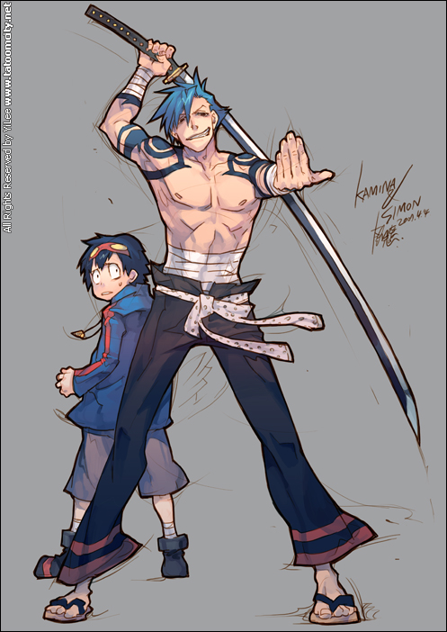 kamina (ttgl), simon (ttgl), tengen toppa gurren lagann, 00s, 2boys, bandages, blue hair, bodypaint, drill, goggles, goggles on head, katana, male focus, multiple boys, sarashi, shorts, sword, topless male, weapon