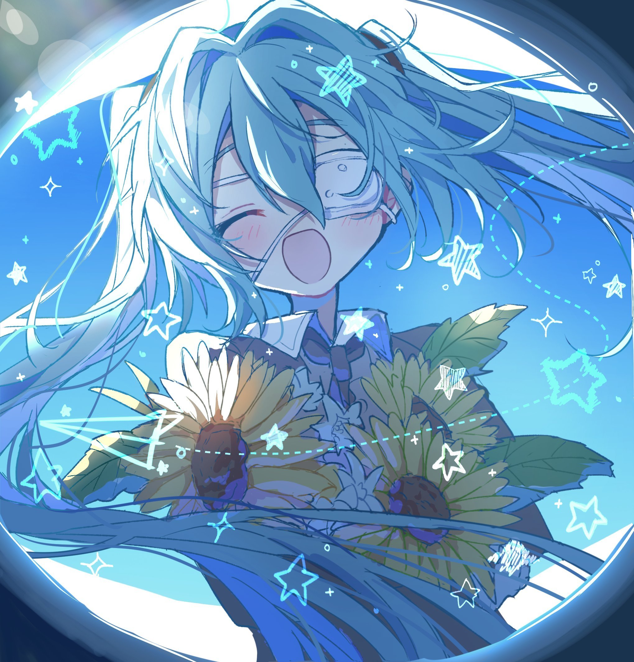futaba969649, hatsune miku, monitoring (vocaloid), vocaloid, commentary request, highres, 1girl, :d, ^ ^, blue background, blue hair, blush, brown jacket, closed eyes, collared shirt, double-parted bangs, eyepatch, facing viewer, flower, hair between eyes, holding, holding flower, jacket, long hair, long sleeves, open mouth, shirt, smile, solo, star (symbol), sunflower, twintails, upper body, white shirt