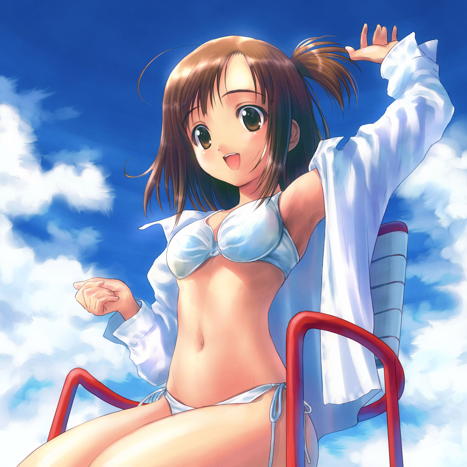 goto p, highres, 1girl, armpits, bikini, breasts, brown eyes, brown hair, cloud, day, female focus, flat chest, navel, open clothes, open shirt, shirt, short hair, side-tie bikini bottom, sitting, small breasts, solo, swimsuit