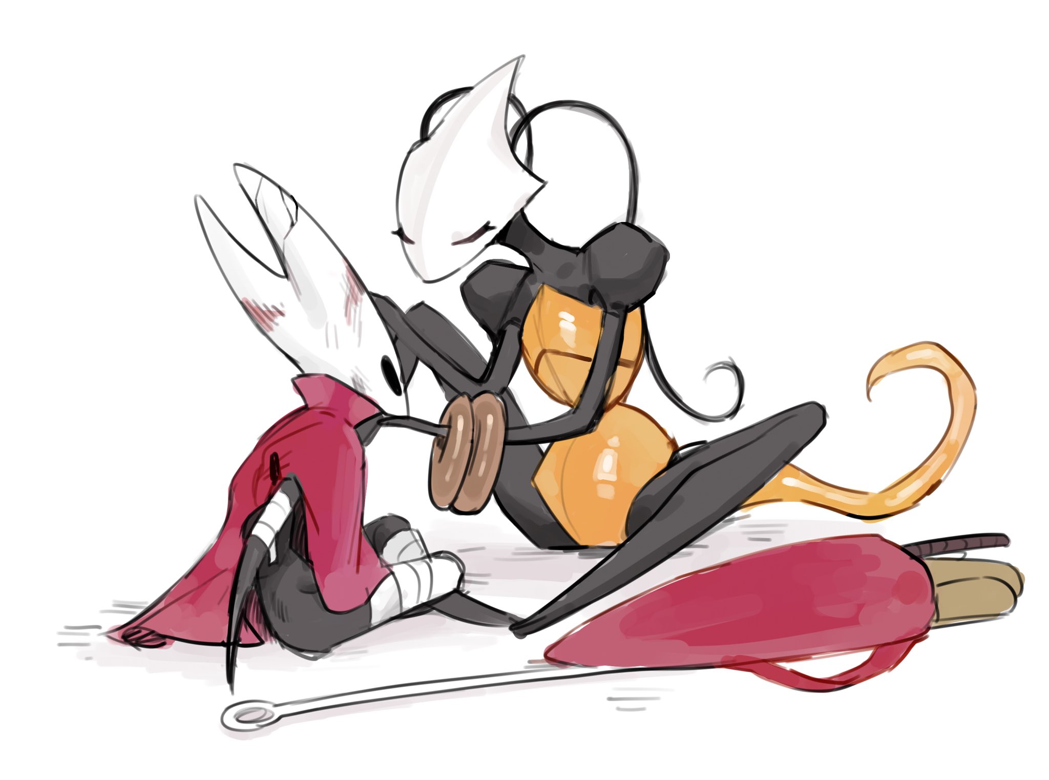 swaybat, hornet (hollow knight), shakra (hollow knight), hollow knight, hollow knight: silksong, arthropod, highres, 2girls, antennae, arthropod girl, bandaged arm, bandaged leg, bandages, black skin, bracelet, cloak, colored skin, hand on own face, hollow eyes, horned mask, jewelry, mask, multiple girls, needle (hollow knight), red cloak, sitting