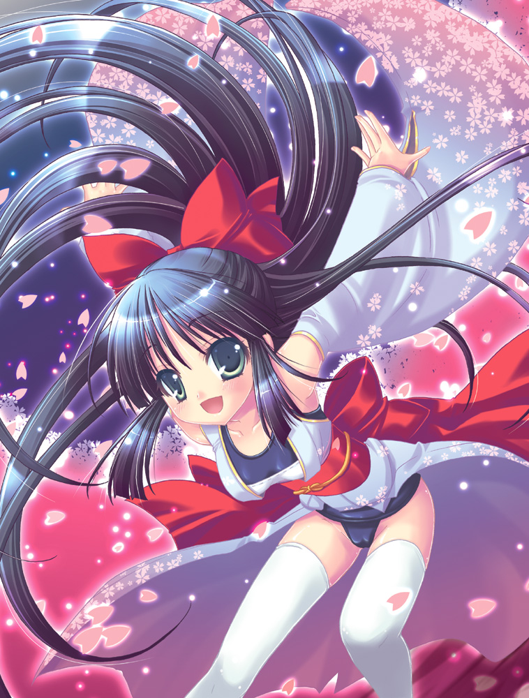 rusty soul, original, bare shoulders, black hair, black one-piece swimsuit, bow, cameltoe, cherry blossoms, flower, green eyes, hair bow, happy, japanese clothes, kimono, leaning forward, long hair, one-piece swimsuit, open mouth, petals, ribbon, school swimsuit, solo, swimsuit, swimsuit under clothes, thigh gap, thighhighs, thighs, very long hair, wind