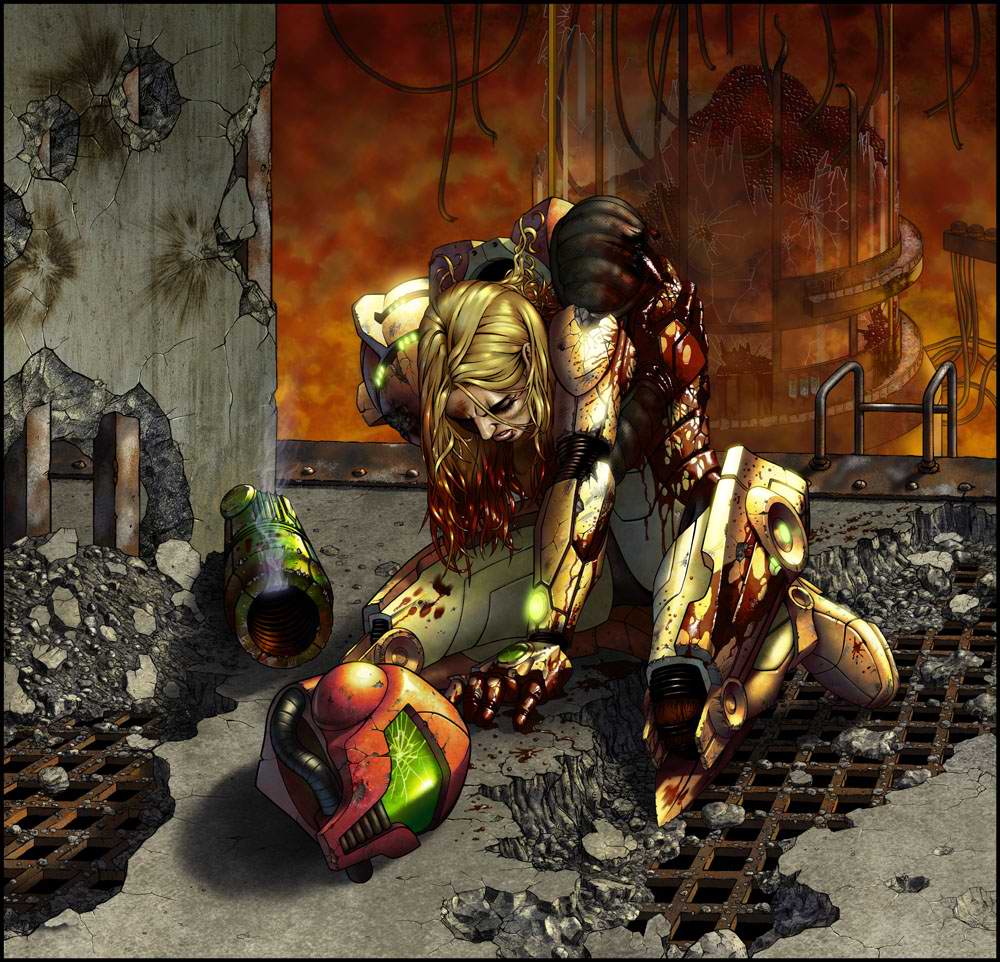 samus aran, metroid, nintendo, artist request, 1girl, armor, blonde hair, blood, cable, damaged, debris, epic, female focus, fog, gun, helmet, injury, power armor, power suit (metroid), solo, unworn headwear, unworn helmet, varia suit, weapon