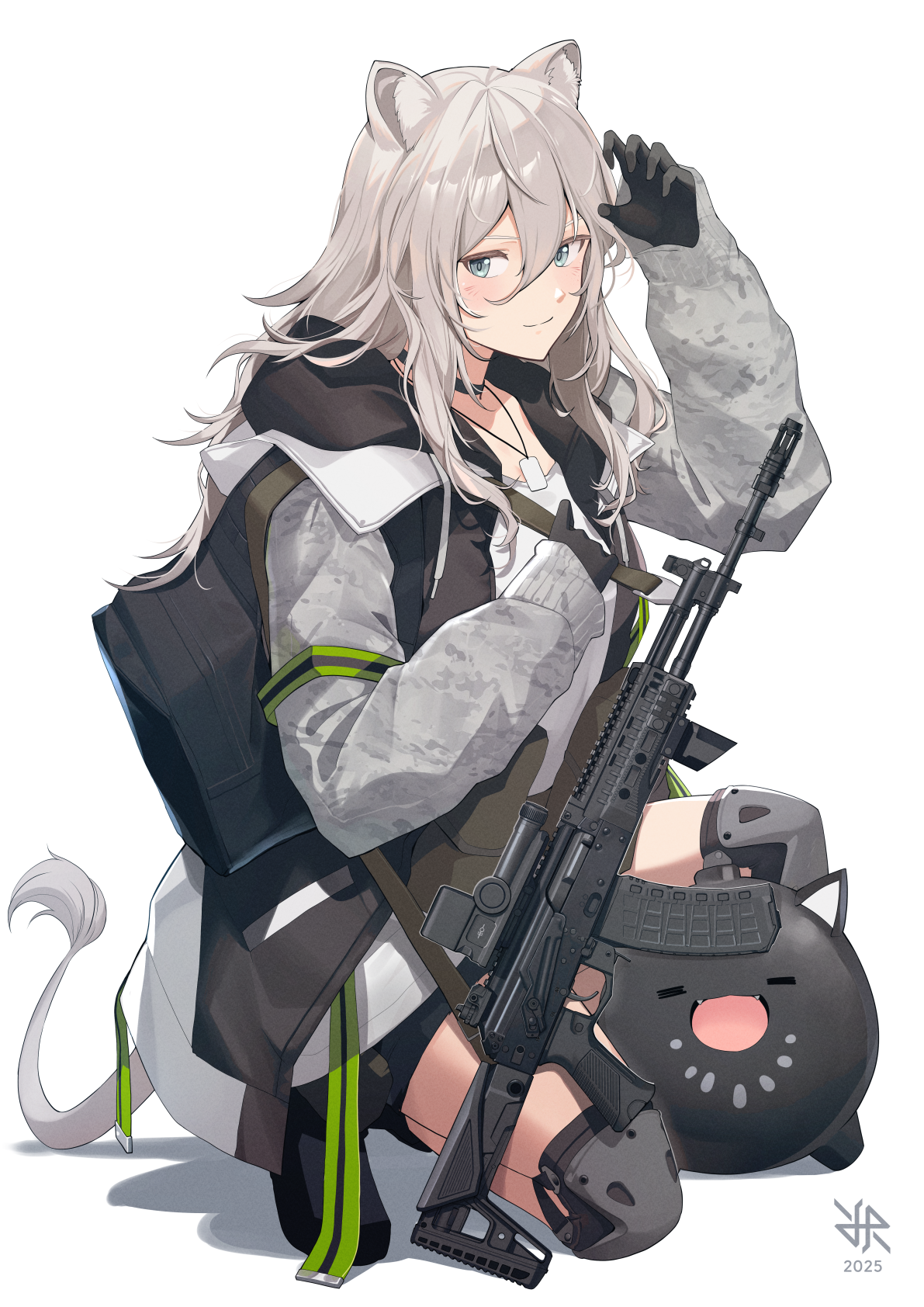 hiroki ree, shishiro botan, ssrb (shishiro botan), hololive, highres, 1girl, ak-12, animal ears, artist logo, assault rifle, backpack, bag, black boots, black choker, black gloves, black skirt, boots, choker, dog tags, full body, gloves, green eyes, grey hair, grey jacket, gun, jacket, jewelry, kalashnikov rifle, lion ears, lion girl, lion tail, logo, long hair, looking at viewer, necklace, rifle, shirt, simple background, skirt, smile, solo, tail, virtual youtuber, weapon, white background, white shirt
