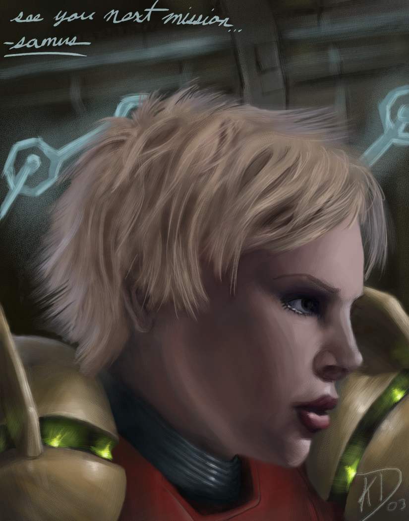 samus aran, metroid, nintendo, 1girl, alternate hairstyle, armor, blonde hair, female focus, helmet, power suit (metroid), realistic, short hair, solo, unworn headwear, unworn helmet, varia suit