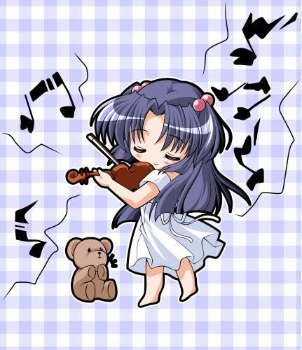 watsuki ayamo, ichinose kotomi, clannad, lowres, non-web source, 00s, 1girl, barefoot, chibi, closed eyes, dress, female focus, hair bobbles, hair ornament, instrument, solo, stuffed animal, stuffed toy, teddy bear, two side up, violin