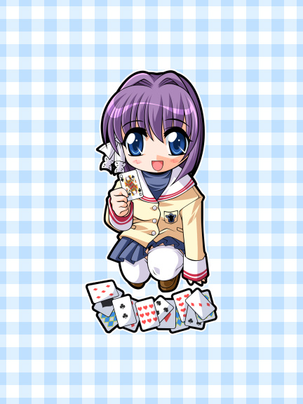 watsuki ayamo, fujibayashi ryou, clannad, non-web source, 00s, 1girl, ace (playing card), ace of diamonds, ace of spades, card, chibi, diamond (shape), female focus, holding, holding card, playing card, queen (playing card), queen of spades (playing card), solo, spade (shape), thighhighs