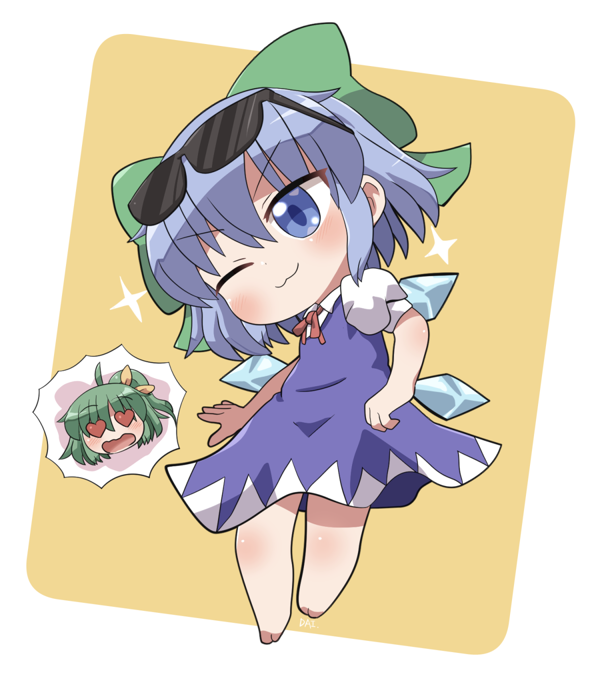 rokugou daisuke, cirno, daiyousei, touhou, commentary request, highres, 2girls, :d, ;3, ahoge, barefoot, blue dress, blue eyes, blue hair, blush, border, bow, chibi, chibi inset, chibi only, cirno day, closed mouth, collared shirt, dress, eyewear on head, full body, green bow, green hair, hair bow, heart, heart-shaped eyes, ice, ice wings, multiple girls, neck ribbon, one eye closed, open mouth, outside border, pinafore dress, red ribbon, ribbon, shirt, short hair, short sleeves, signature, simple background, sleeveless, sleeveless dress, smile, sparkle, standing, sunglasses, v-shaped eyebrows, white border, white shirt, wings, yellow background