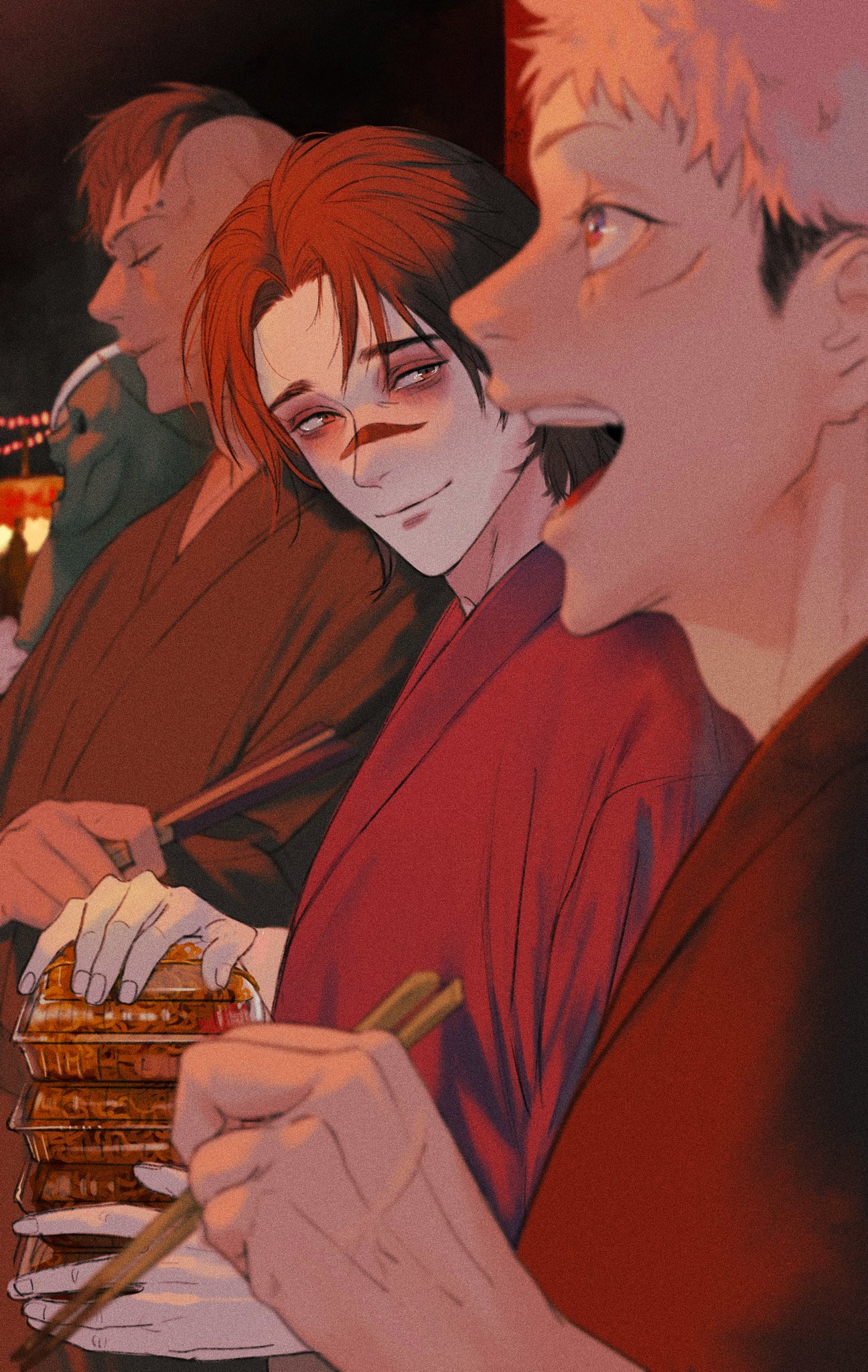 naspibon ox, choso (jujutsu kaisen), eso (jujutsu kaisen), itadori yuuji, kechizu (jujutsu kaisen), jujutsu kaisen, highres, 4boys, bags under eyes, black hair, brothers, brown eyes, brown hair, chopsticks, closed eyes, closed mouth, colored skin, dark-skinned male, dark skin, eyebrow piercing, face piercing, facial mark, food, green skin, hand fan, holding, holding fan, male focus, mohawk, monster boy, multiple boys, nonexistent memories (jujutsu kaisen), noodles, open mouth, pale skin, piercing, pink hair, short hair, siblings, smile, teeth, transparent, upper body, upper teeth only