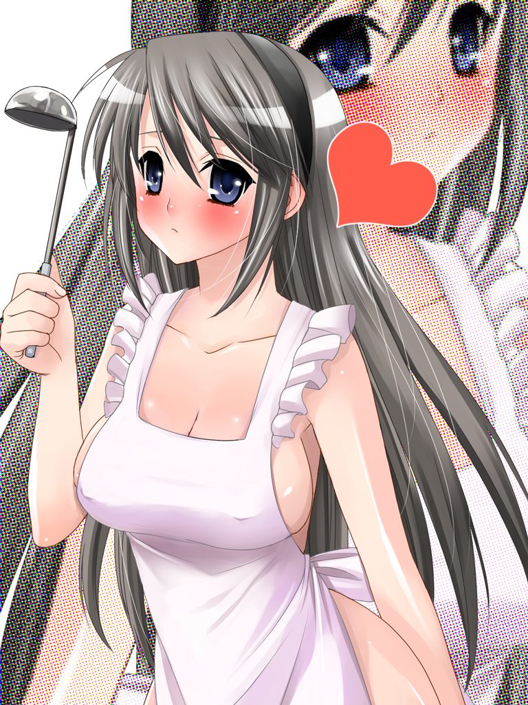 akito (ao's club), akito (artist), sakagami tomoyo, clannad, 00s, 1girl, apron, black hair, blue eyes, blush, breasts, fair, female focus, halftone, halftone background, huge breasts, ladle, naked apron, petite, solo, zoom layer