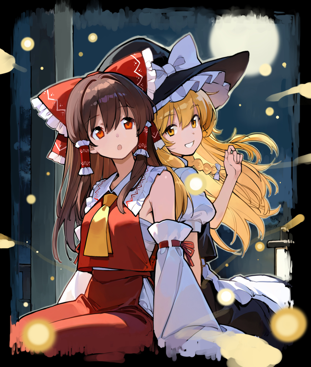 asakura maru, hakurei reimu, kirisame marisa, touhou, commentary request, 2girls, :o, apron, ascot, back-to-back, black hat, black skirt, black vest, blonde hair, bow, braid, brown hair, chest sarashi, collared shirt, detached sleeves, fireflies, frilled bow, frilled hair tubes, frilled shirt collar, frills, grin, hair between eyes, hair bow, hair tubes, hat, hat bow, lantern, long hair, long sleeves, multiple girls, puffy short sleeves, puffy sleeves, red bow, red eyes, red shirt, red skirt, sarashi, shirt, short sleeves, side braid, single braid, sitting, skirt, sleeveless, sleeveless shirt, smile, vest, white apron, white bow, white shirt, white sleeves, witch hat, yellow ascot, yellow eyes