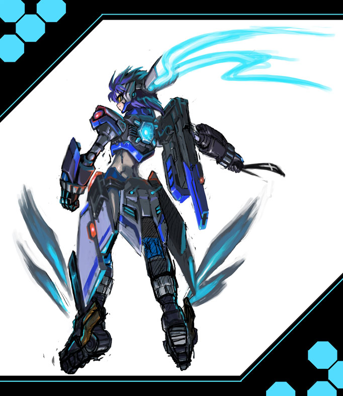mach caliber, revolver knuckle, subaru nakajima, lyrical nanoha, mahou shoujo lyrical nanoha, mahou shoujo lyrical nanoha strikers, 00s, 1girl, armor, blue hair, female focus, from behind, glowing, solo, yellow eyes