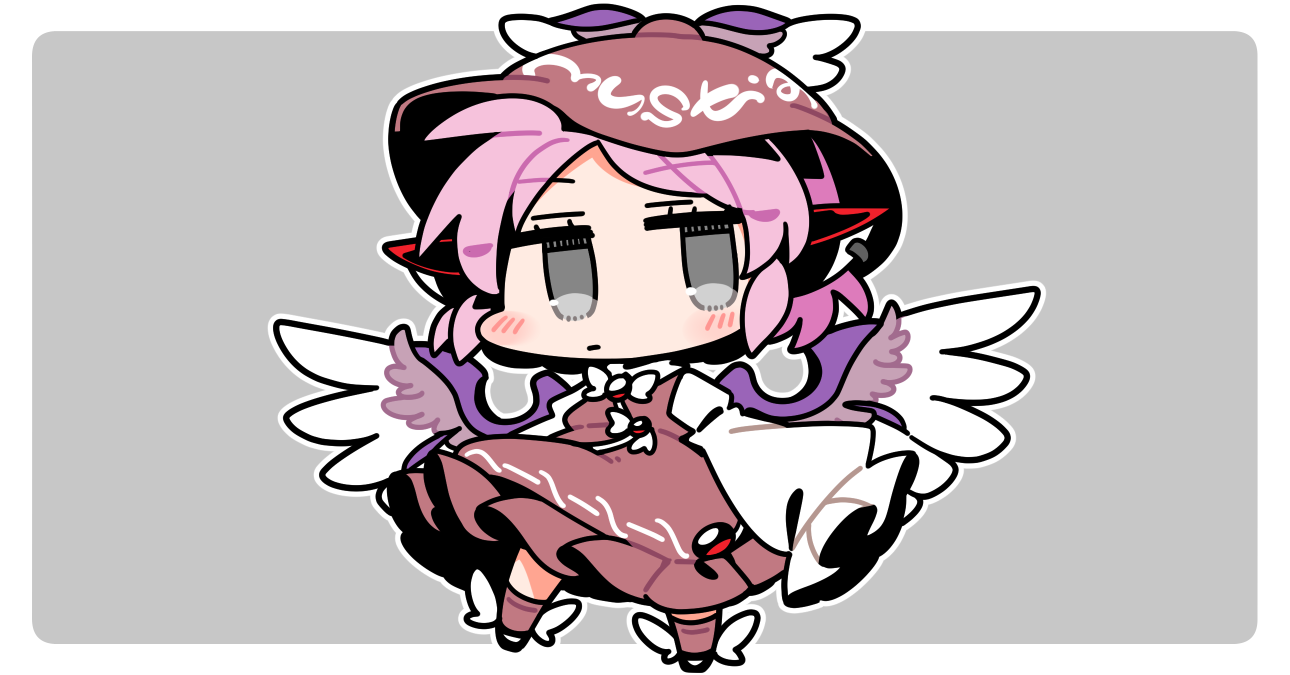 ini (inunabe00), mystia lorelei, touhou, commentary, 1girl, animal ears, bird ears, bird girl, bird wings, black shoes, blush, border, brown dress, brown hat, brown socks, chibi, chibi only, closed mouth, collared shirt, dress, earrings, full body, grey background, grey eyes, hat, jewelry, long sleeves, looking at viewer, outline, outside border, pink hair, shirt, shoes, short hair, simple background, single earring, socks, solo, standing, white border, white outline, white shirt, winged hat, winged shoes, wings