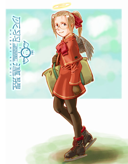 aaru sentou shuudan, hikari (haibane renmei), haibane renmei, 00s, 1girl, female focus, glasses, halo, ice skating, pantyhose, skating, sky, solo, traditional halo, wings