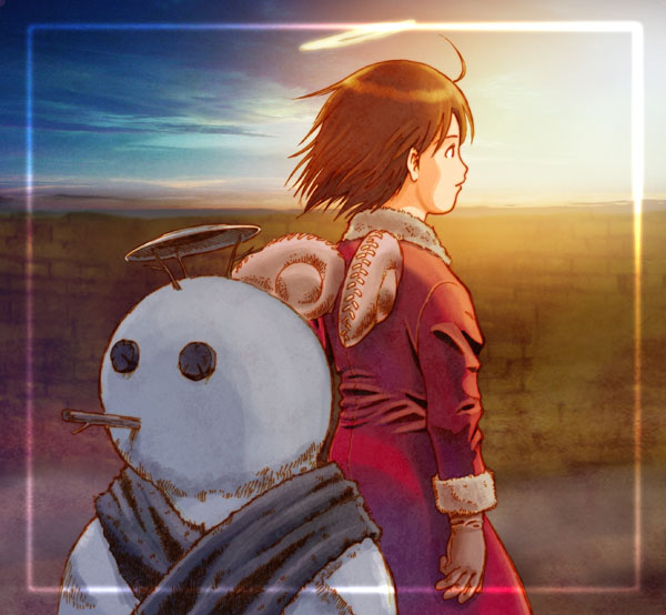aaru sentou shuudan, rakka (haibane renmei), haibane renmei, 00s, 1girl, brown hair, female focus, halo, outdoors, sky, snowman, solo, static cling, traditional halo, wings