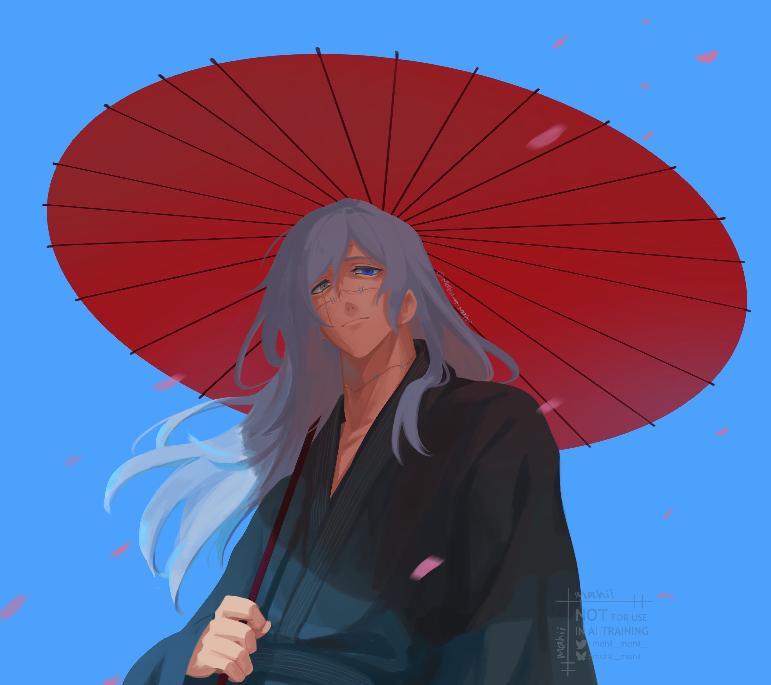 mahito (jujutsu kaisen), jujutsu kaisen, absurdres, highres, 1boy, black kimono, blue background, blue eyes, blue sky, bluesky username, closed mouth, falling petals, grey eyes, heterochromia, holding, holding umbrella, japanese clothes, kimono, long hair, mahii mahii, male focus, oil-paper umbrella, petals, red umbrella, sky, solo, stitched face, stitched neck, stitches, twitter username, umbrella, upper body, watermark