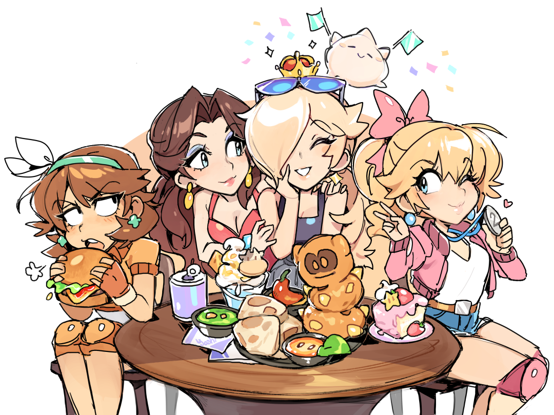 almightychiru, luma (mario), moo moo (mario), pauline (mario), pokey (mario), princess daisy, princess daisy (touring), princess peach, princess peach (touring), rosalina, super star (mario), mario (series), mario kart, mario kart world, nintendo, commentary, english commentary, 4girls, alternate costume, alternate hairstyle, bare shoulders, blonde hair, blue eyes, blush, bow, breasts, brown hair, burger, cake, can, chair, character-themed food, cleavage, closed eyes, crown, denim, denim shorts, dress, drink can, earrings, eyewear on head, fire flower, food, gloves, hair bow, holding, holding burger, holding food, jacket, jewelry, knee pads, long hair, long sleeves, medal, multiple girls, official alternate costume, official alternate hairstyle, open clothes, open jacket, open mouth, pink bow, pink jacket, ponytail, red dress, short hair, shorts, sitting, soda, soda can, soup, sunglasses, table, tongue
