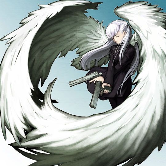 chuuou higashiguchi, henri, angelos armas, non-web source, 1girl, angel wings, closed eyes, cocked hammer, crossed arms, dress, dual wielding, female focus, gun, handgun, holding, jacket, long hair, pantyhose, pistol, short dress, solo, weapon, white hair, wind, wind lift, wings