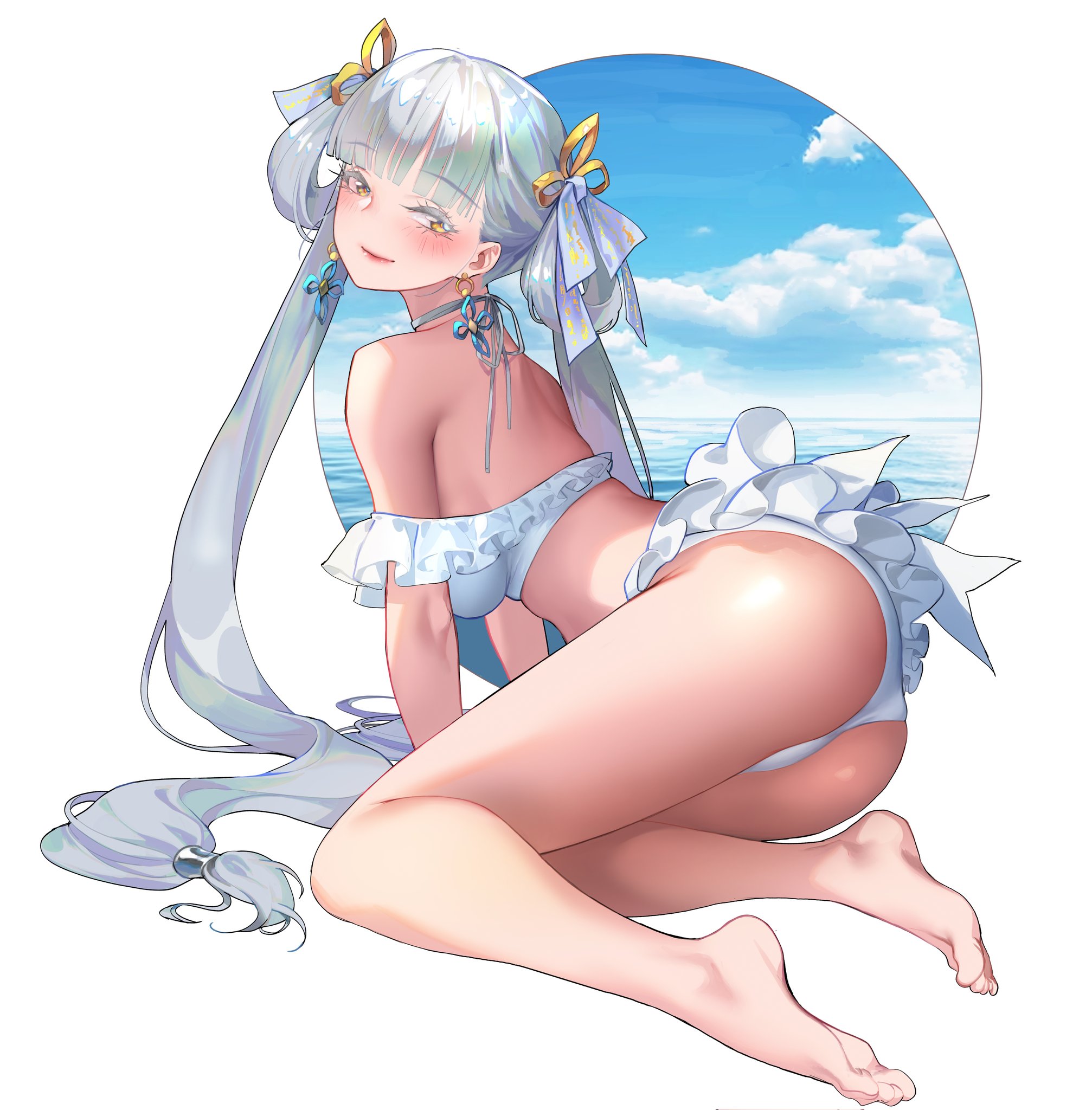 ina (mikamixx), jinhsi (wuthering waves), wuthering waves, highres, 1girl, alternate costume, ass, bikini, blue sky, breasts, cloud, colored eyelashes, earrings, hair rings, jewelry, long hair, looking at viewer, medium breasts, ocean, sky, smile, solo, swimsuit, thighs, toes, twintails, white bikini, white eyelashes, white hair, yellow eyes