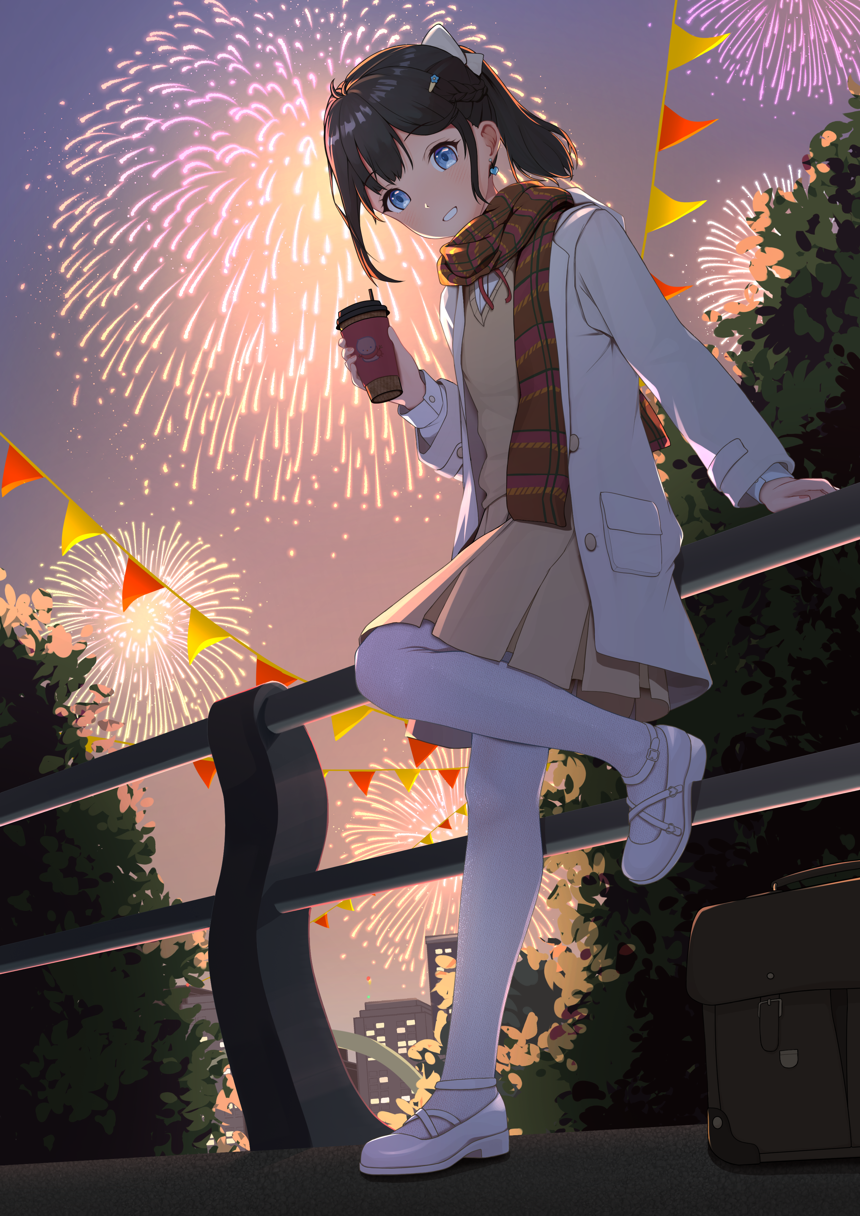wanliu, original, absurdres, highres, 1girl, black hair, blue eyes, bow, cup, fireworks, hair bow, holding, holding cup, new year, pantyhose, ponytail, scarf, skirt, white pantyhose