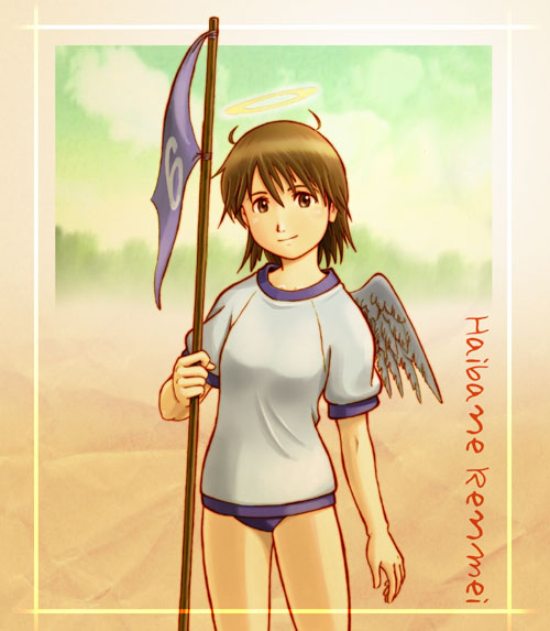 aaru sentou shuudan, rakka (haibane renmei), haibane renmei, 00s, 1girl, buruma, female focus, flag, gym uniform, halo, numbered flag, solo, static cling, traditional halo, wings