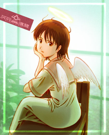 aaru sentou shuudan, rakka (haibane renmei), haibane renmei, 00s, 1girl, brown eyes, brown hair, female focus, halo, solo, static cling, traditional halo, wings