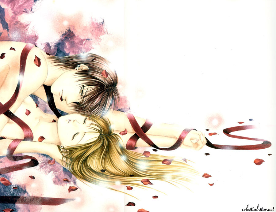 watase yuu, mikage aya, tooya (ayashi no ceres), ayashi no ceres, 1boy, 1girl, blonde hair, brown hair, closed eyes, couple, hetero, holding hands, interlocked fingers, lying, petals, ribbon