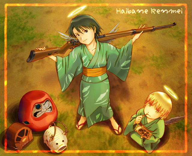 aaru sentou shuudan, kana, kana (haibane renmei), kuu (haibane renmei), haibane renmei, 00s, 2girls, bolt action, daruma doll, food, gun, halo, incense burner, japanese clothes, karabiner 98k, kimono, mauser 98, multiple girls, radio, rifle, takoyaki, traditional halo, weapon, wings, yukata