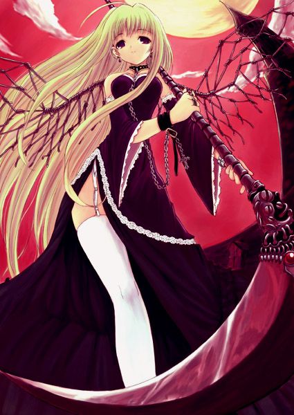 mikazukimo, jpeg artifacts, 1girl, blonde hair, chain, collar, female focus, garter straps, lingerie, long hair, scythe, solo, thighhighs, tower, underwear, wings