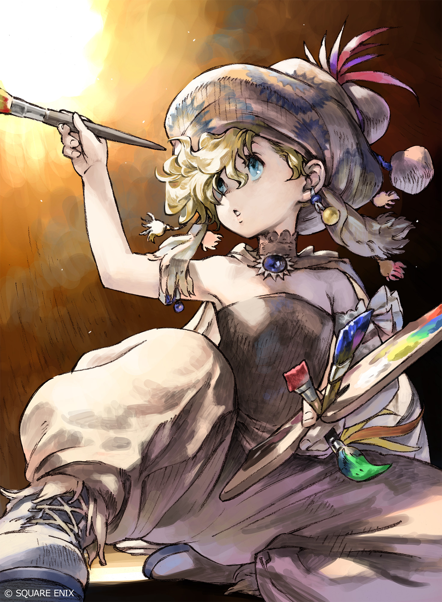 relm arrowny, final fantasy, final fantasy vi, highres, official art, 1girl, art brush, baggy pants, blonde hair, blue eyes, boots, cape, company name, copyright notice, earrings, hat, holding, holding paint palette, holding paintbrush, jewelry, kneeling, looking to the side, paint palette, paintbrush, pants, solo