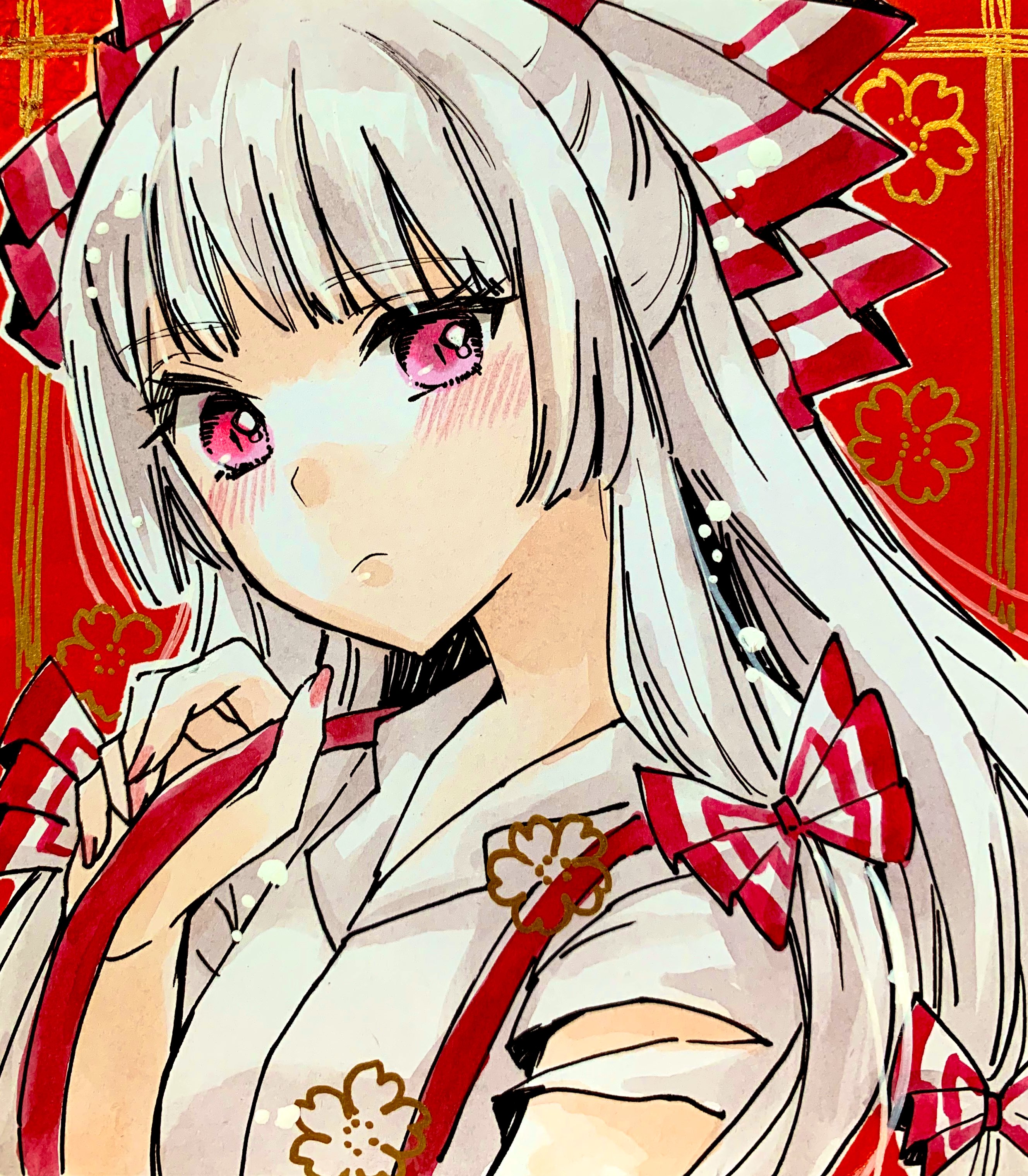 akaioringo2023, fujiwara no mokou, touhou, absurdres, highres, bow, hair bow, hair ribbon, long hair, looking at viewer, overalls, portrait, red background, red eyes, red overalls, ribbon, shirt, short sleeves, very long hair, white hair, white shirt