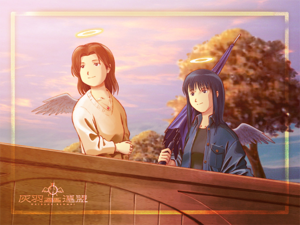 aaru sentou shuudan, nemu (haibane renmei), reki (haibane renmei), haibane renmei, 00s, 2girls, closed umbrella, halo, multiple girls, outdoors, sky, sleeves rolled up, traditional halo, umbrella, wings