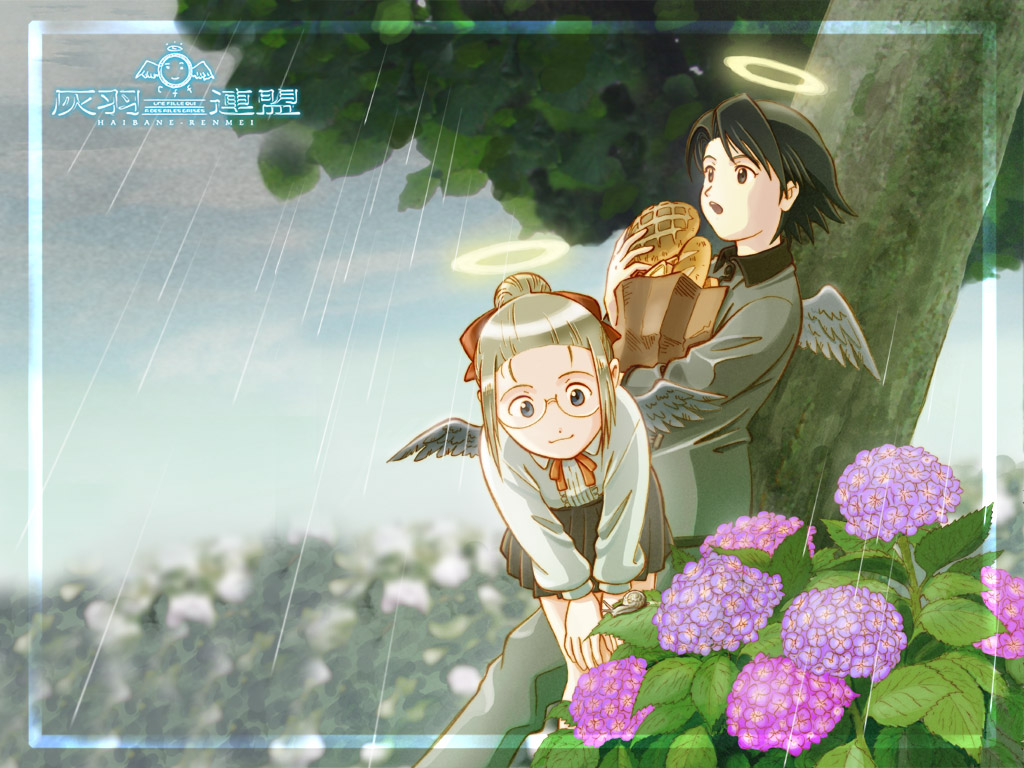 aaru sentou shuudan, hikari (haibane renmei), kana, kana (haibane renmei), haibane renmei, 00s, 2girls, :3, bent over, bread, flower, food, glasses, halo, hydrangea, multiple girls, rain, traditional halo, tree, wings