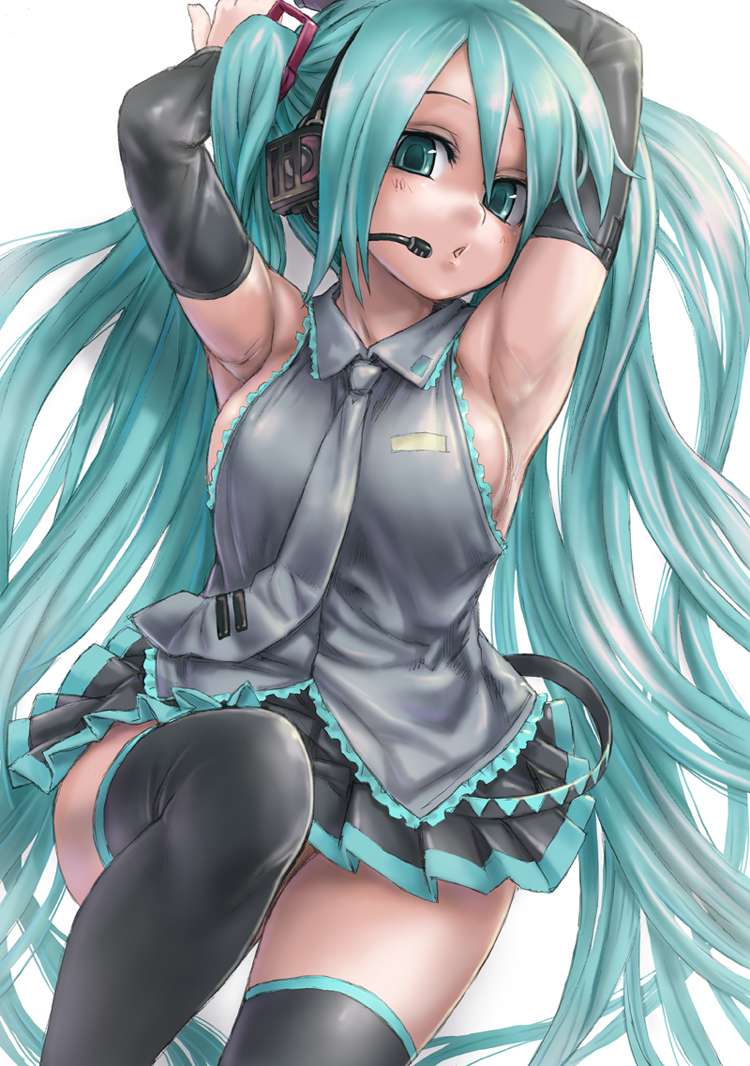 asanagi, hatsune miku, vocaloid, 1girl, :o, armpits, black thighhighs, breasts, elbow gloves, female focus, gloves, green eyes, green hair, headphones, headset, large breasts, long hair, looking at viewer, matching hair/eyes, microphone, open mouth, pleated skirt, skirt, solo, thighhighs, twintails, very long hair, zettai ryouiki
