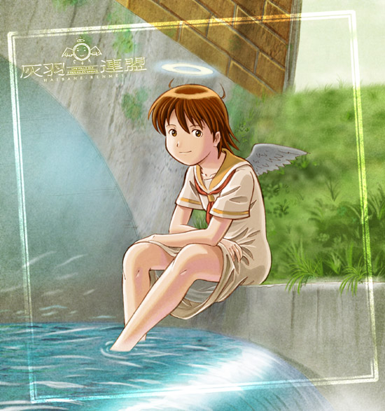 aaru sentou shuudan, rakka (haibane renmei), haibane renmei, 00s, 1girl, copyright name, day, female focus, halo, neckerchief, outdoors, red neckerchief, sitting, solo, static cling, traditional halo, water, wings