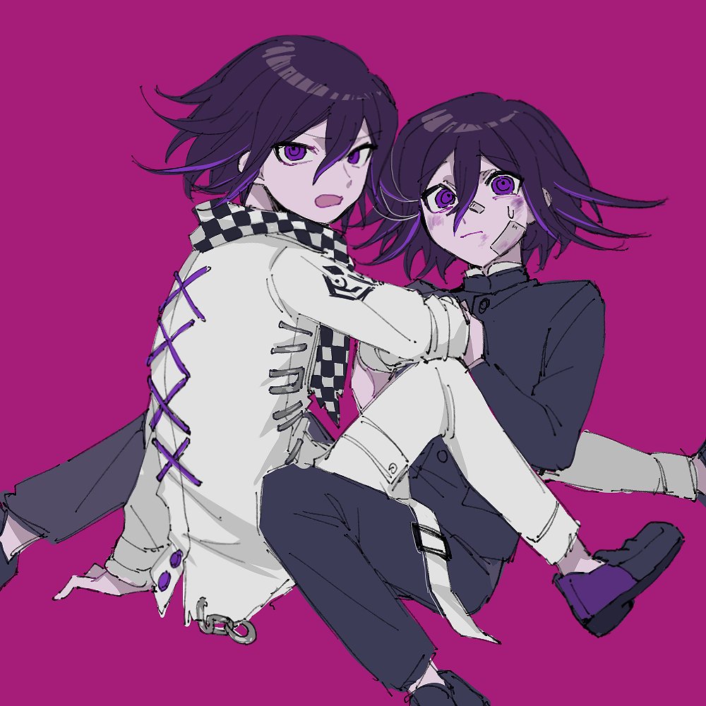 tujiang6, oma kokichi, danganronpa (series), danganronpa v3: killing harmony, commentary request, 2boys, bandaid, bandaid on face, black hair, black jacket, bruise, bruise on face, buttons, checkered clothes, checkered scarf, cross-laced jacket, flipped hair, from side, gakuran, hair between eyes, injury, jacket, long sleeves, looking at viewer, male focus, multiple boys, open mouth, pants, pink background, purple eyes, purple hair, ringed eyes, scarf, school uniform, short hair, simple background, sitting, thigh strap, two-tone scarf