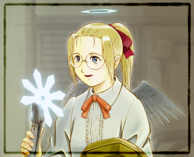 aaru sentou shuudan, hikari (haibane renmei), haibane renmei, 00s, 1girl, female focus, glasses, halo, solo, traditional halo, wings