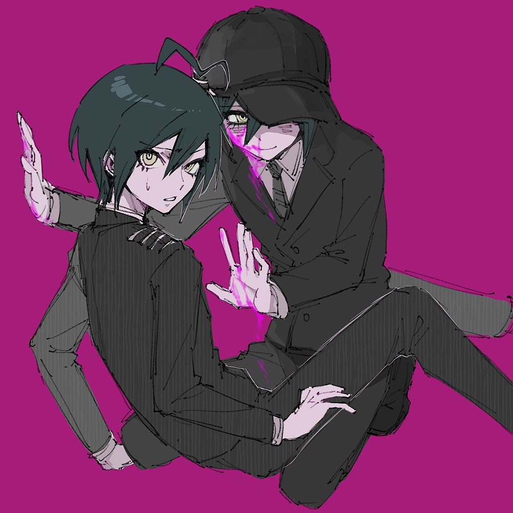tujiang6, saihara shuichi, danganronpa (series), danganronpa v3: killing harmony, commentary request, 2boys, ahoge, black hair, black jacket, blood, blush, buttons, collared jacket, eyelashes, hair between eyes, hat, invisible wall, jacket, kneeling, looking at viewer, male focus, multiple boys, necktie, nervous, nosebleed, pants, pink background, pink blood, ringed eyes, school uniform, shirt, short hair, simple background, sitting, smile, sweatdrop, yellow eyes