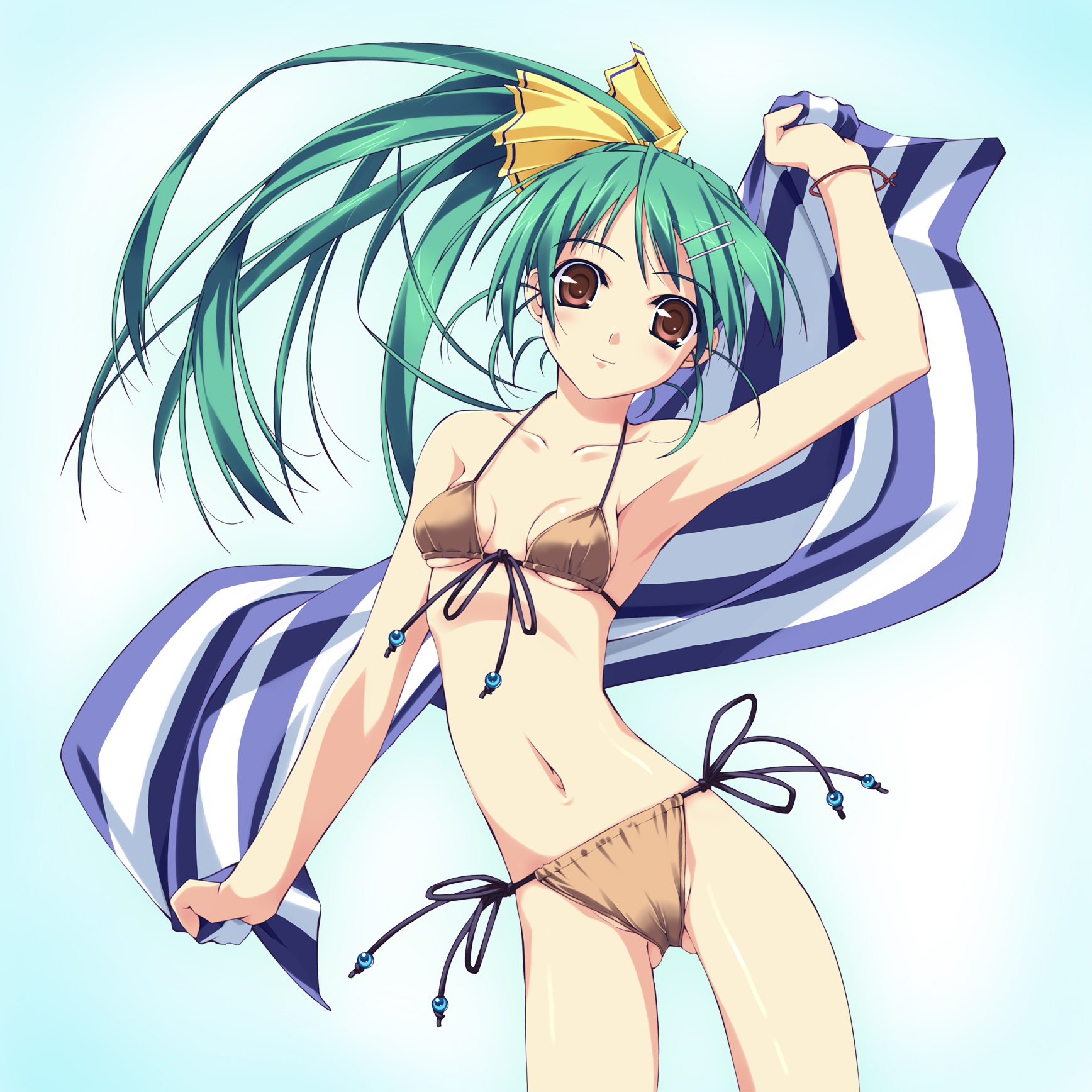 murakami suigun, f-ism, original, highres, 1girl, bikini, breasts, brown eyes, cameltoe, female focus, green hair, hair ornament, hairclip, long hair, ponytail, red eyes, solo, swimsuit, towel, underboob