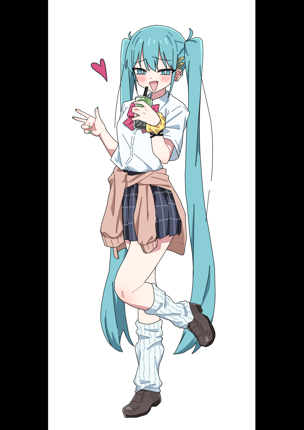 pan (ryu), hatsune miku, vocaloid, highres, 1girl, black skirt, blush, bright pupils, brown shoes, bubble tea, clothes around waist, collared shirt, cup, disposable cup, drink, drinking straw, ear piercing, fang, full body, green eyes, green hair, green nails, gyaru, hair ornament, hairclip, heart, holding, holding drink, loafers, long hair, looking at viewer, loose socks, miniskirt, piercing, plaid clothes, plaid skirt, pleated skirt, ribbed socks, school uniform, shirt, shoes, short sleeves, skirt, smirk, socks, solo, standing, standing on one leg, sweater, sweater around waist, twintails, very long hair, w, white background, white pupils, white shirt